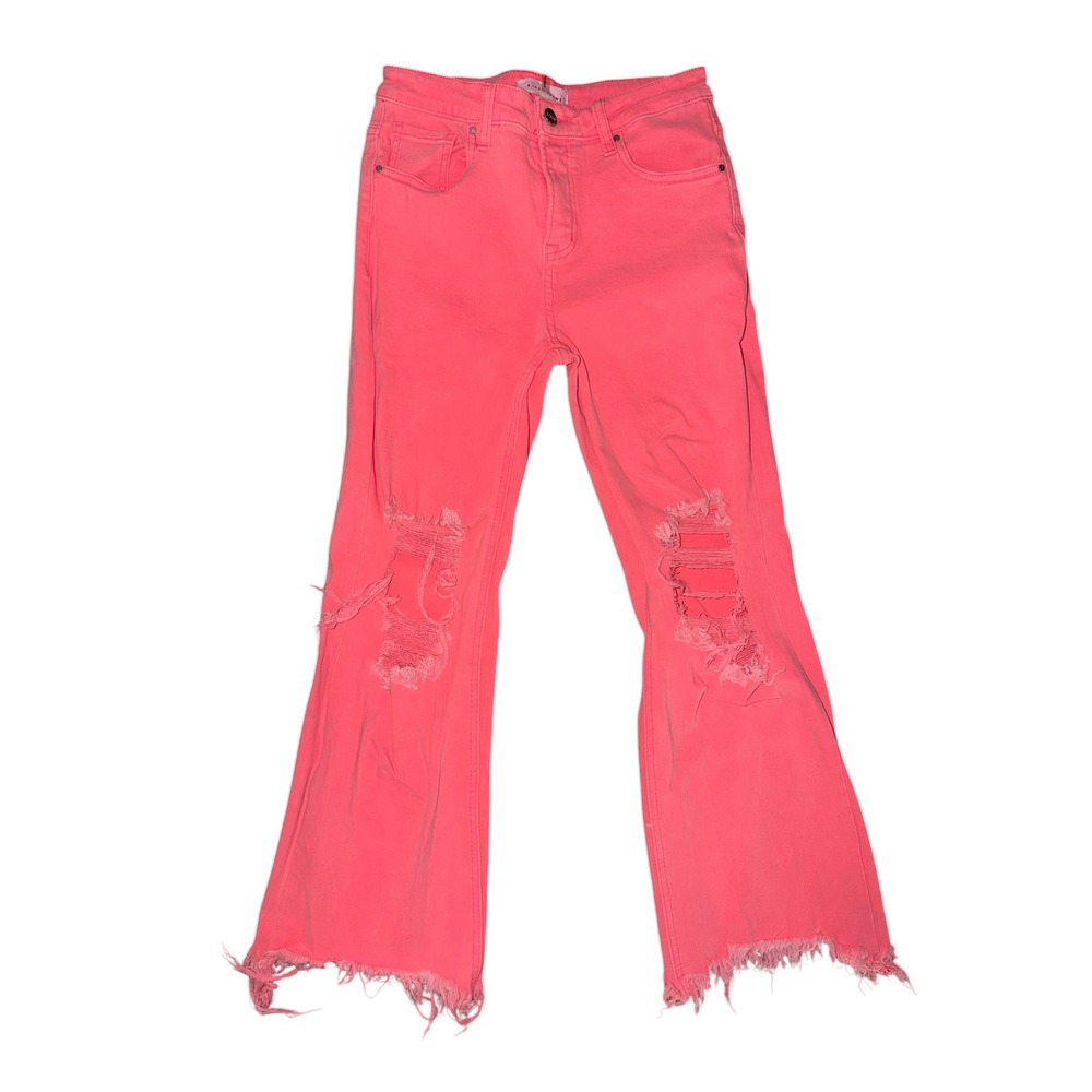 Risen Jeans Neon Pink Distressed Flare High Rise Denim RDP5265-N Size 7/28 A1 - Picture 3 of 12
